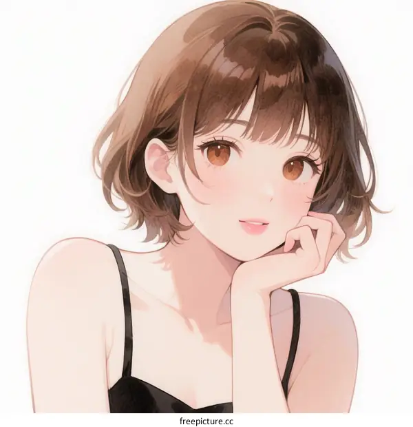 Portrait of a Young Asian Woman with Short Hair and Hand on Chin