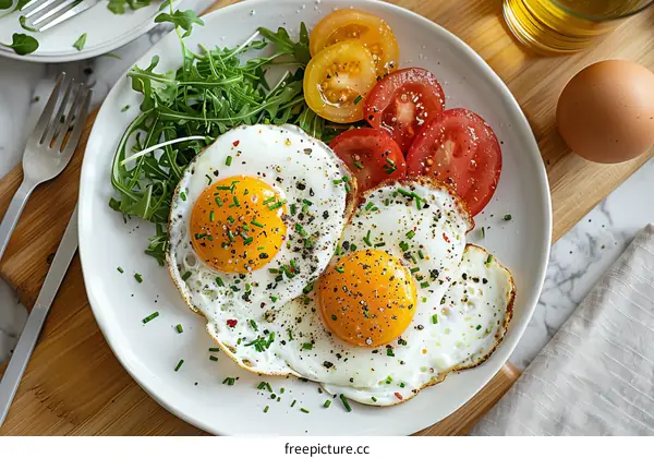 Fried eggs with tomatoes and arugula