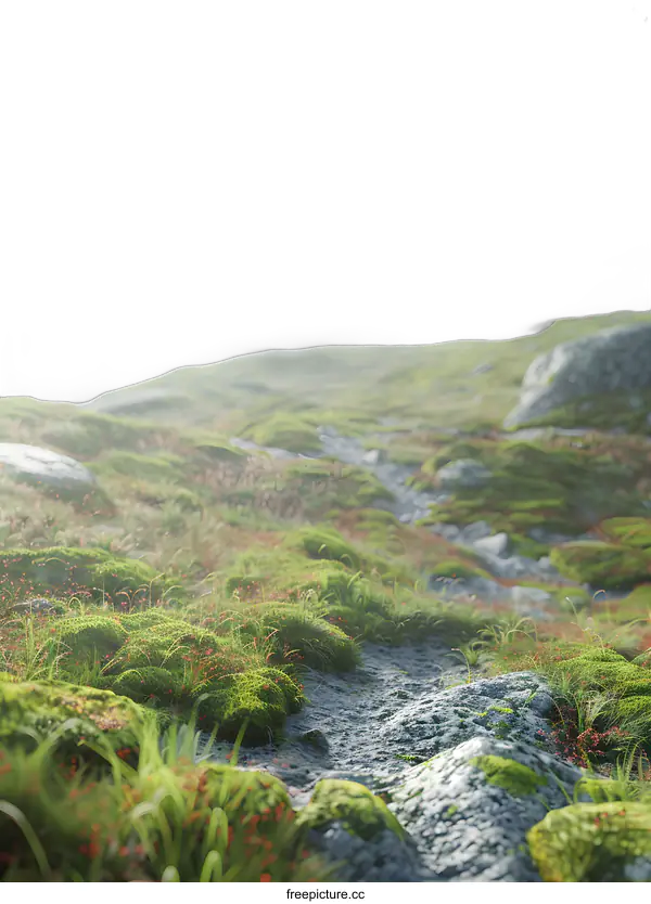 [Transparent Background PNG]Green Mossy Pathway With Rocks In A Mountain Landscape