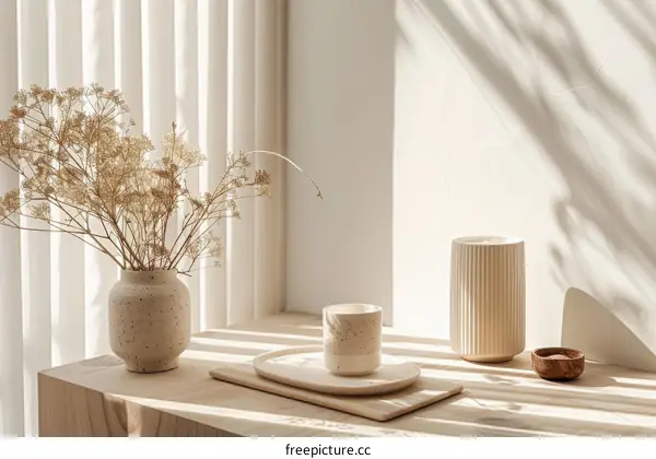 Neutral Color Dried Flowers in Ceramic Vase, Cup, and Wooden Tray on Wooden Table