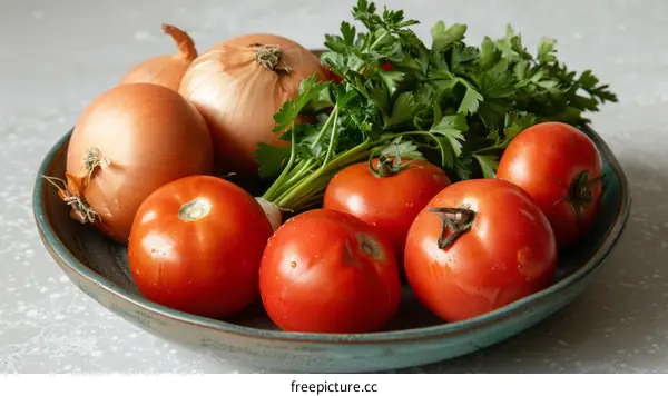 Red tomatoes and onions with parsley on a ceramic plate