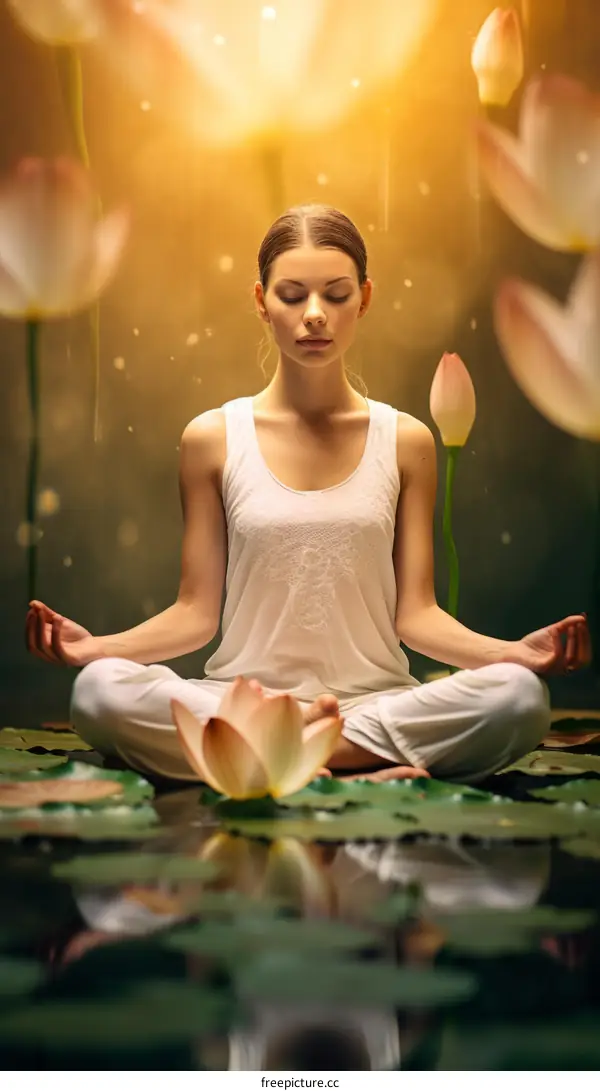 Young woman in lotus pose surrounded by lotus flowers