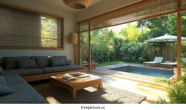 Modern Minimalist Living Room with Pool View