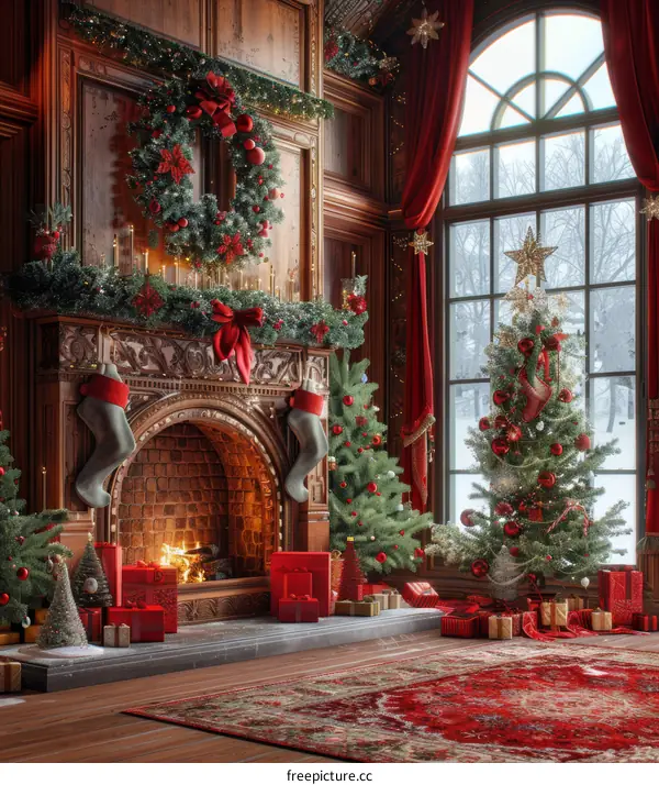 Christmas Tree Decorated with Gifts and Snowflakes by Fireplace