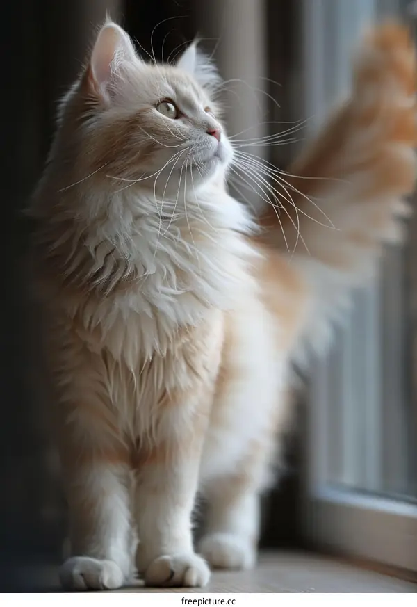 A ginger cat is looking out the window