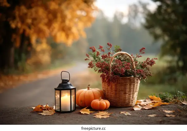 Autumnal Roadside Scene with Pumpkins and Lantern