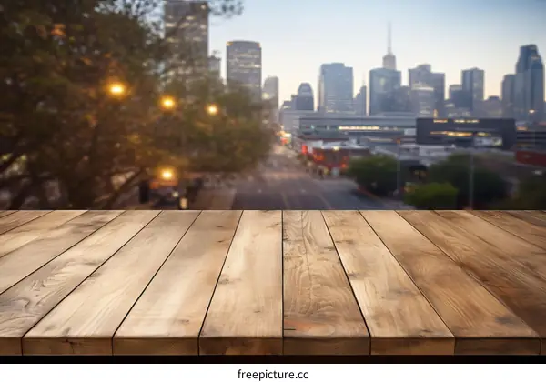 An Empty Wooden Table with a Blurred Cityscape Background