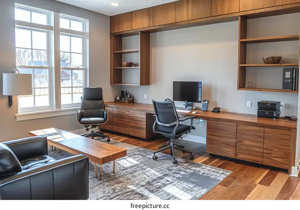 Office built-ins with contrasting wood tones