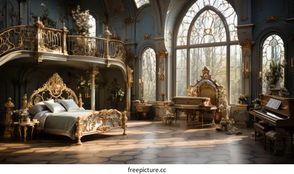 Ornate Bedroom with Piano and Balcony