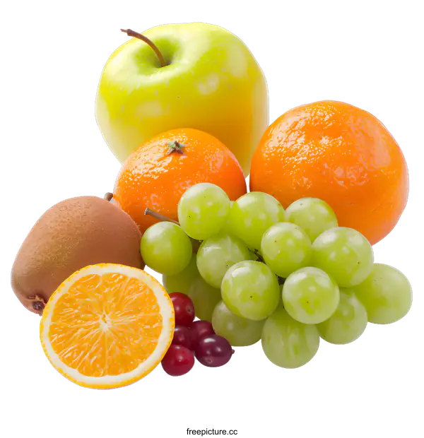 [Transparent Background PNG]Fresh Fruit Assortment: Apple, Orange, Grapes, Kiwi, and Cranberries