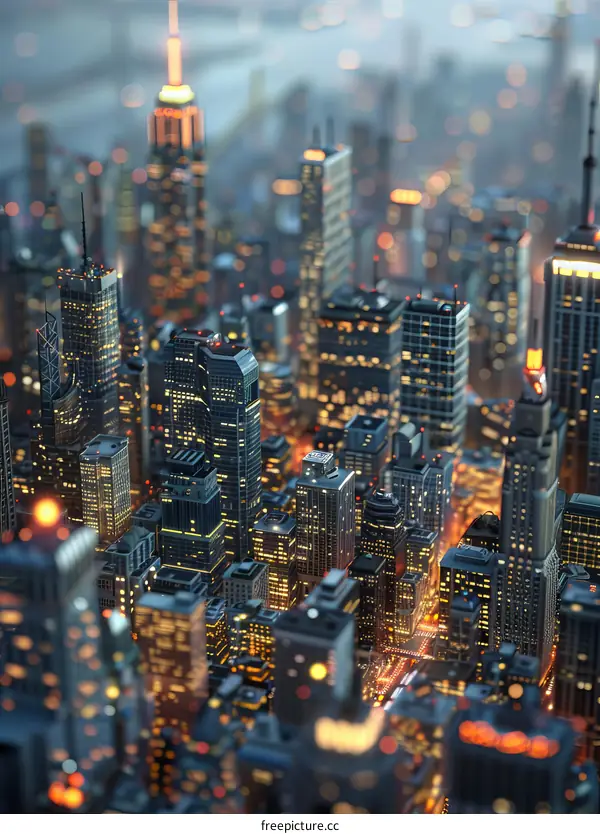 Miniature Cityscape with High-Rise Towers and City Lights