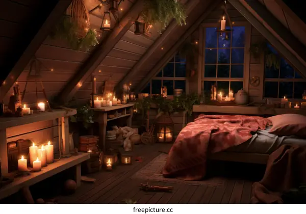 Cozy candlelit attic bedroom with a view of the night sky