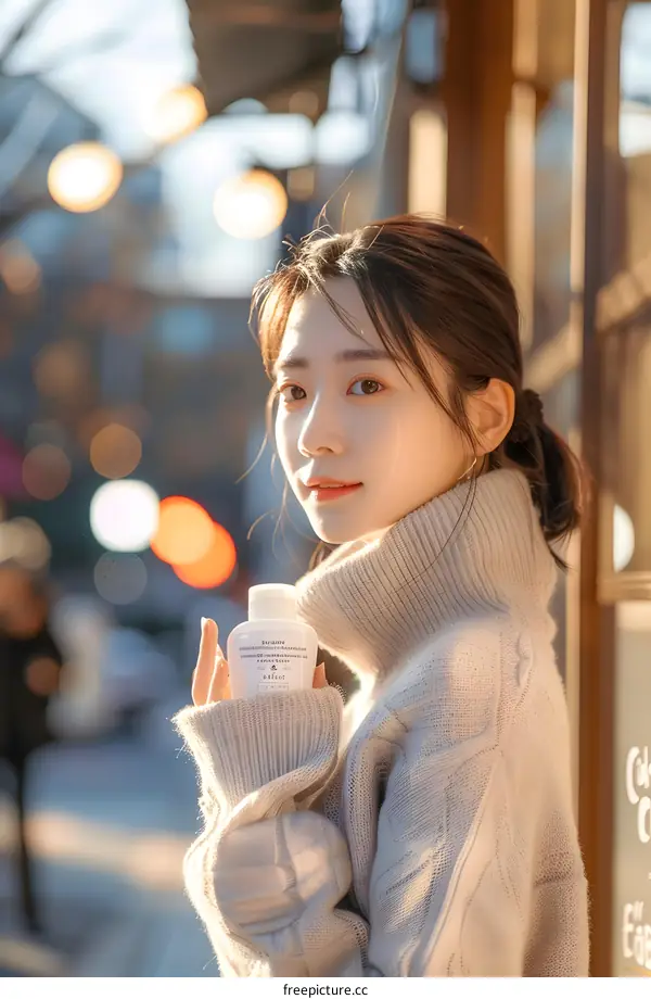 Young Asian Woman Holding a Bottle of Lotion in a Winter Setting