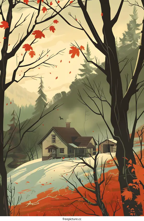 Autumn Landscape with a House in the Woods