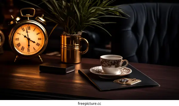 Ornate still life with clock, cup, and plant on desk