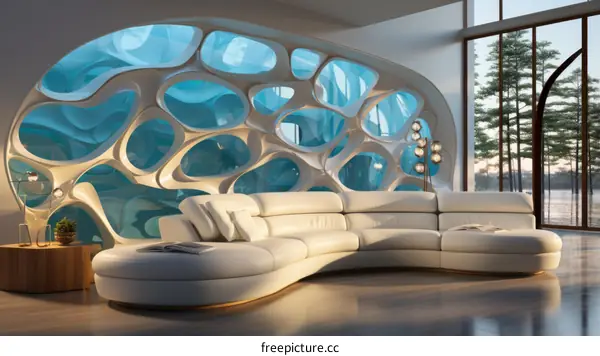 Modern Living Room with Curved Sofa and Futuristic Design