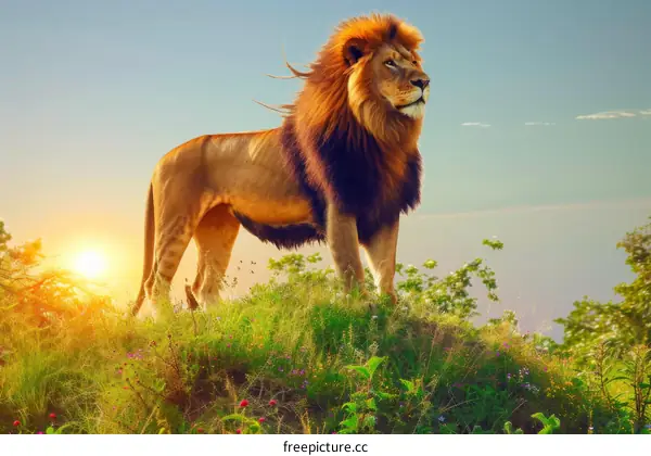 Lion standing on a hill looking into the distance with the sun rising in the background