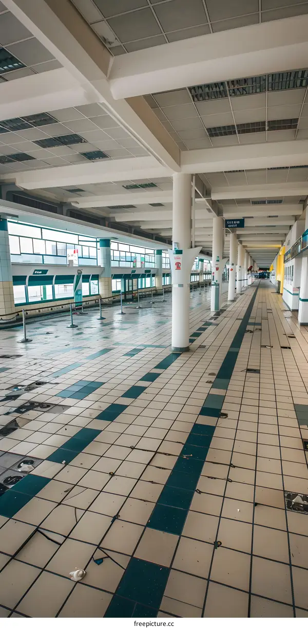 Abandoned Bus Station With White Tiles And Columns