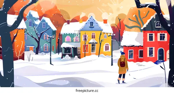 Snowy Winter Day with Person Walking by Houses