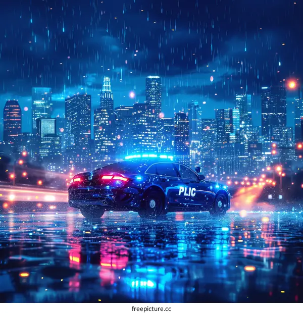 A police car drives through a rainy city street at night