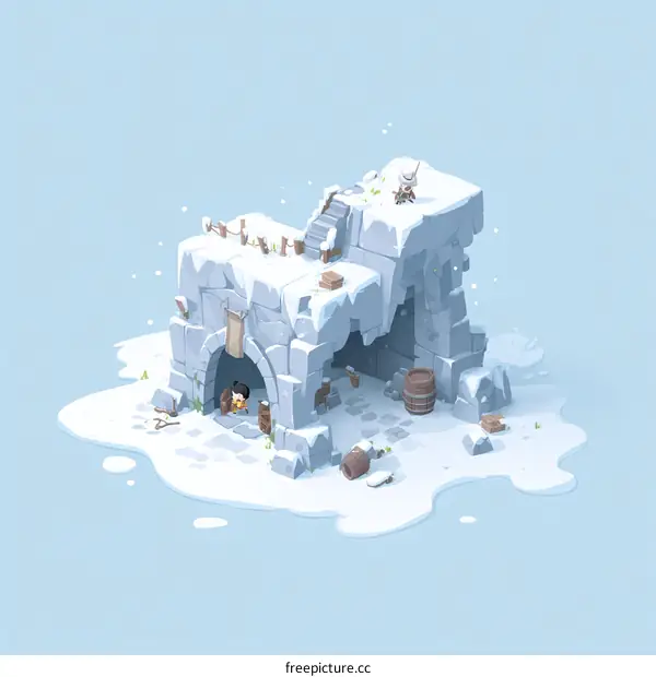 Snowy Winter Fortress Illustration with a Person