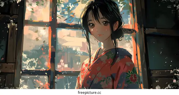 A thoughtful anime girl looking out the window