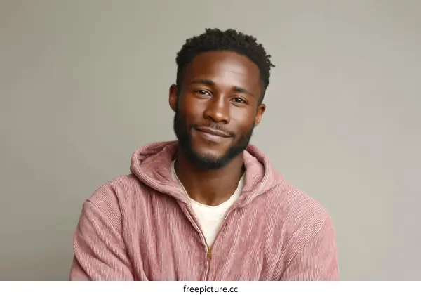 Portrait of a Smiling Black Man in a Pink Corduroy Jacket