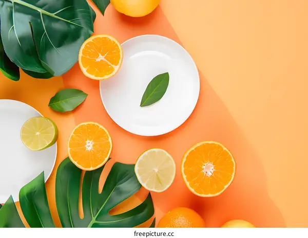 Orange and Lime Fruit Slices on Orange Background