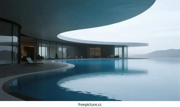 Modern curved building with large infinity pool by the sea