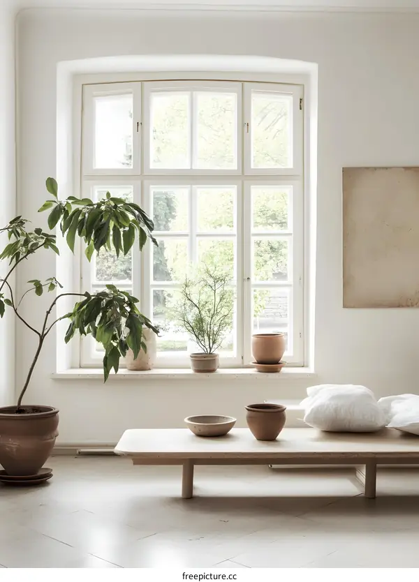 Minimalist Living Room with Large Window and Plants