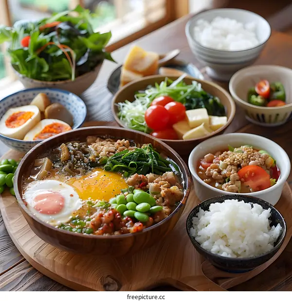 Japanese Cuisine, Bowl of Rice with Ground Pork and Egg