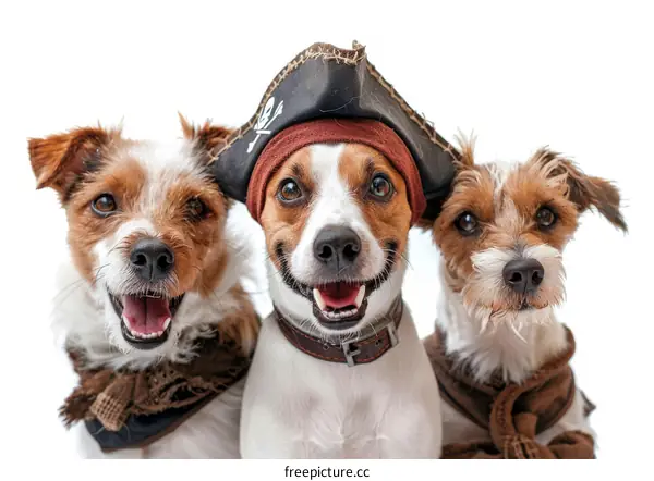 Three Jack Russell Terriers wearing pirate hats and scarves