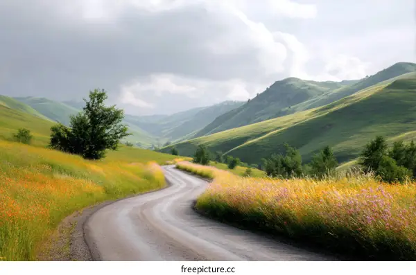 Country Road Winding Through Lush Meadow and Hills