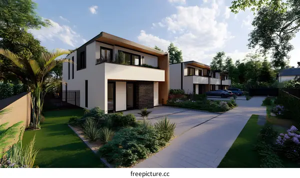 Modern Home Design with Green Grass Lawn and Palm Tree