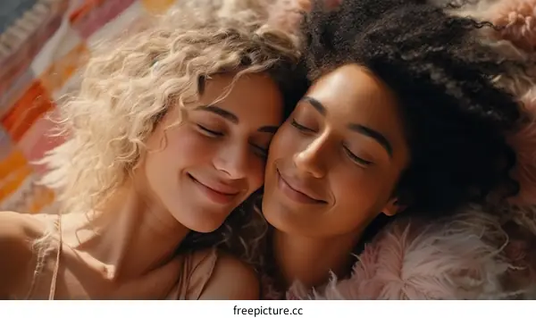 Two young women with curly hair smiling and embracing
