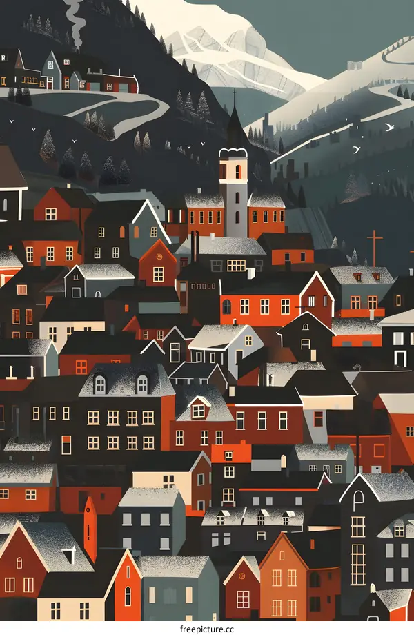 Winter Village Illustration With Snow Covered Mountains