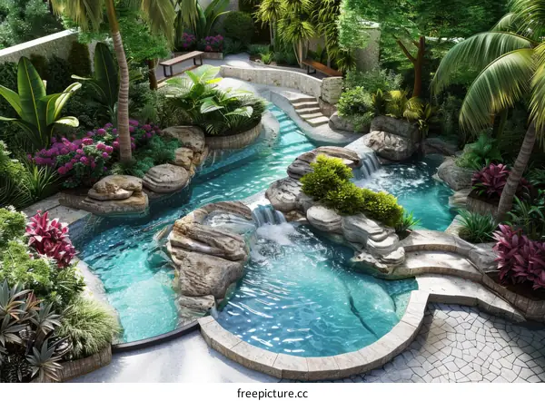 A lush tropical garden swimming pool
