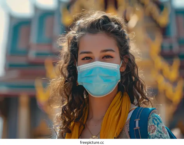 Portrait of a young woman wearing a mask in front of a Buddhist temple