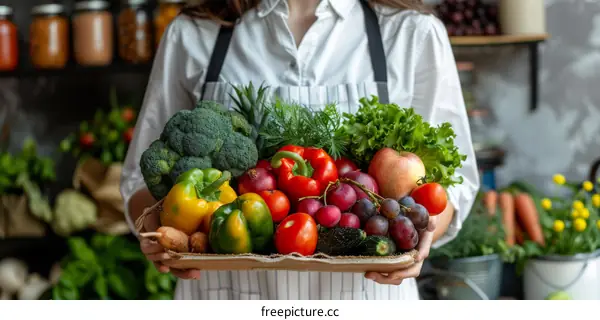 woman holding a basket of fresh vegetables and fruits