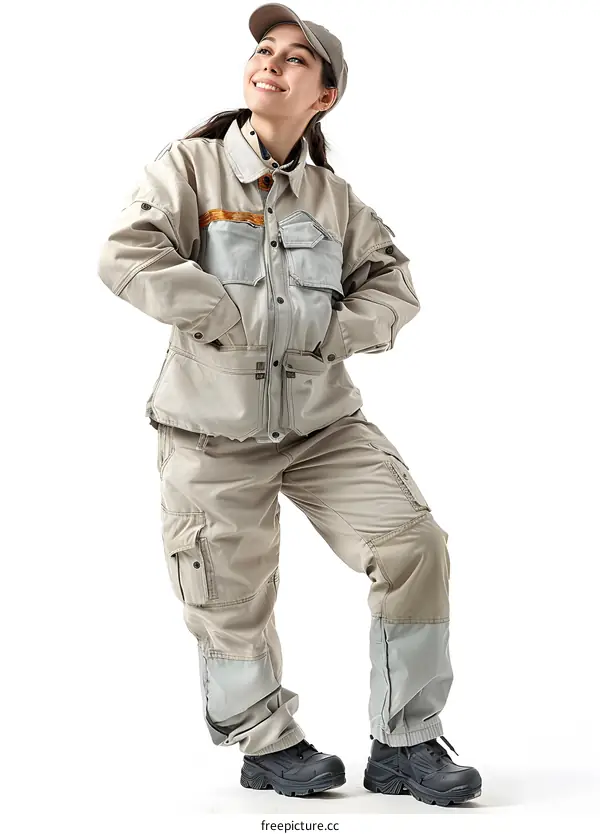 A young woman in a beige jumpsuit and cap smiles.