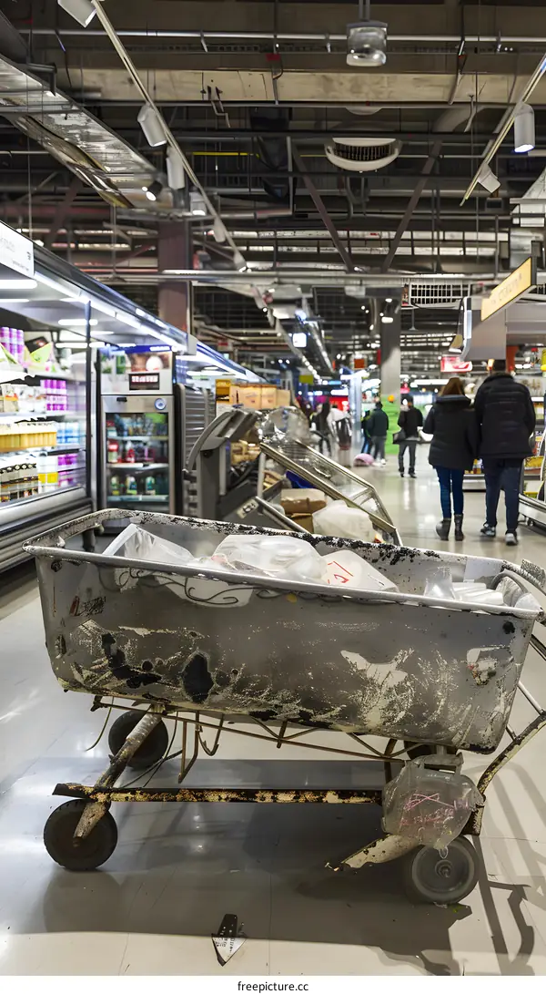Old Shopping Cart Abandoned in Supermarket Aisle