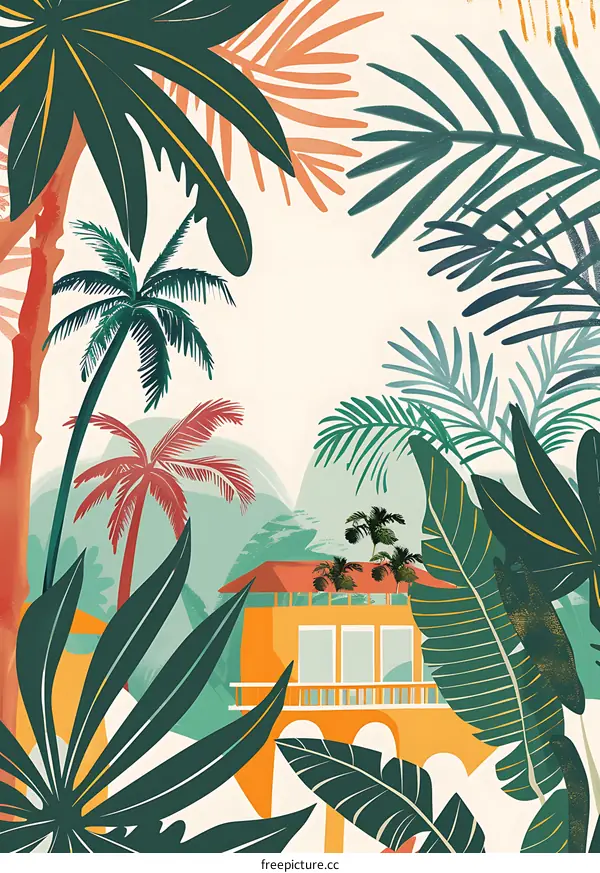 Tropical Illustration With Palm Trees And Yellow House