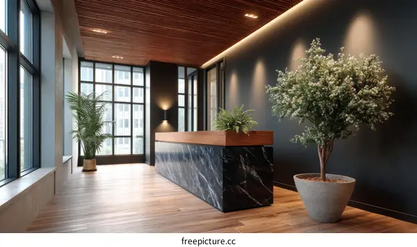 Modern Lobby with Large Plants and Marble Counter