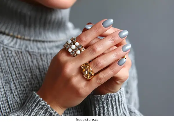 Elegant Womans Hands with Rings and Grey Nails