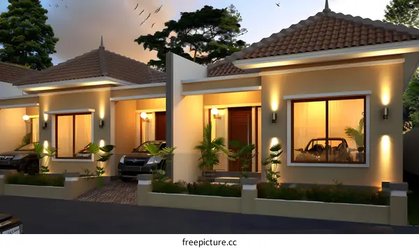 Modern Two Story House Exterior Design With Brown Roof And Yellow Walls