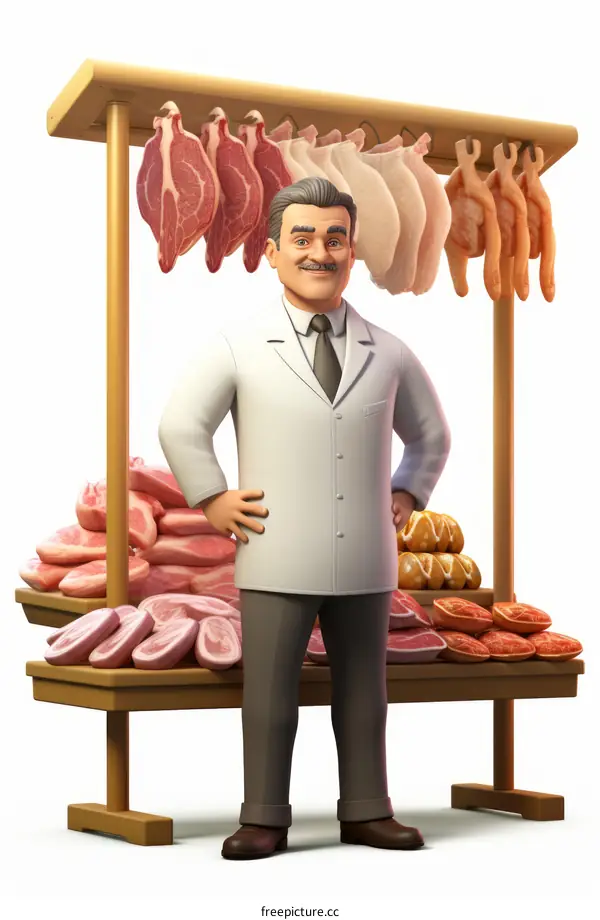 A butcher standing in front of a meat display
