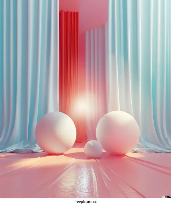 Three spheres in a pink and blue room