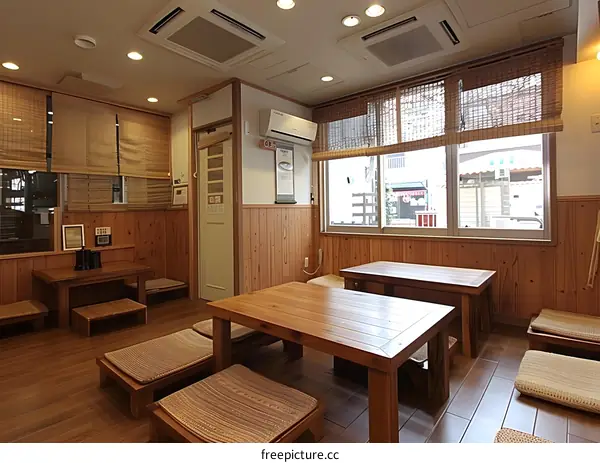 Traditional Japanese Restaurant Interior Design With Wooden Tables and Chairs