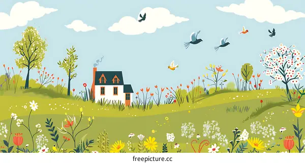 Spring Meadow With House and Birds Illustration