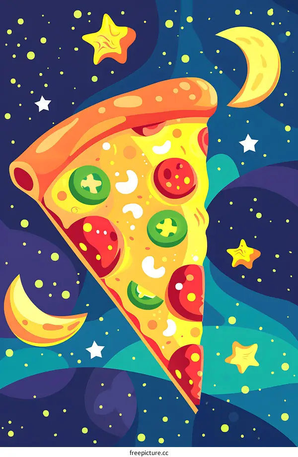 Pizza Slice in Space with Stars and Moon